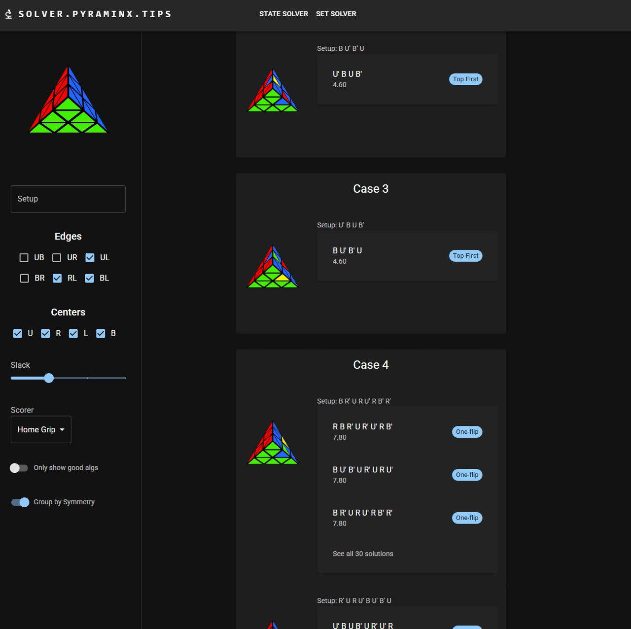 Screenshot of solver.pyraminx.tips in set-solver mode — a coloured 3D Pyraminx next to a list of scrambled cases with ranked algorithms tagged 'Top First' and 'One-flip'