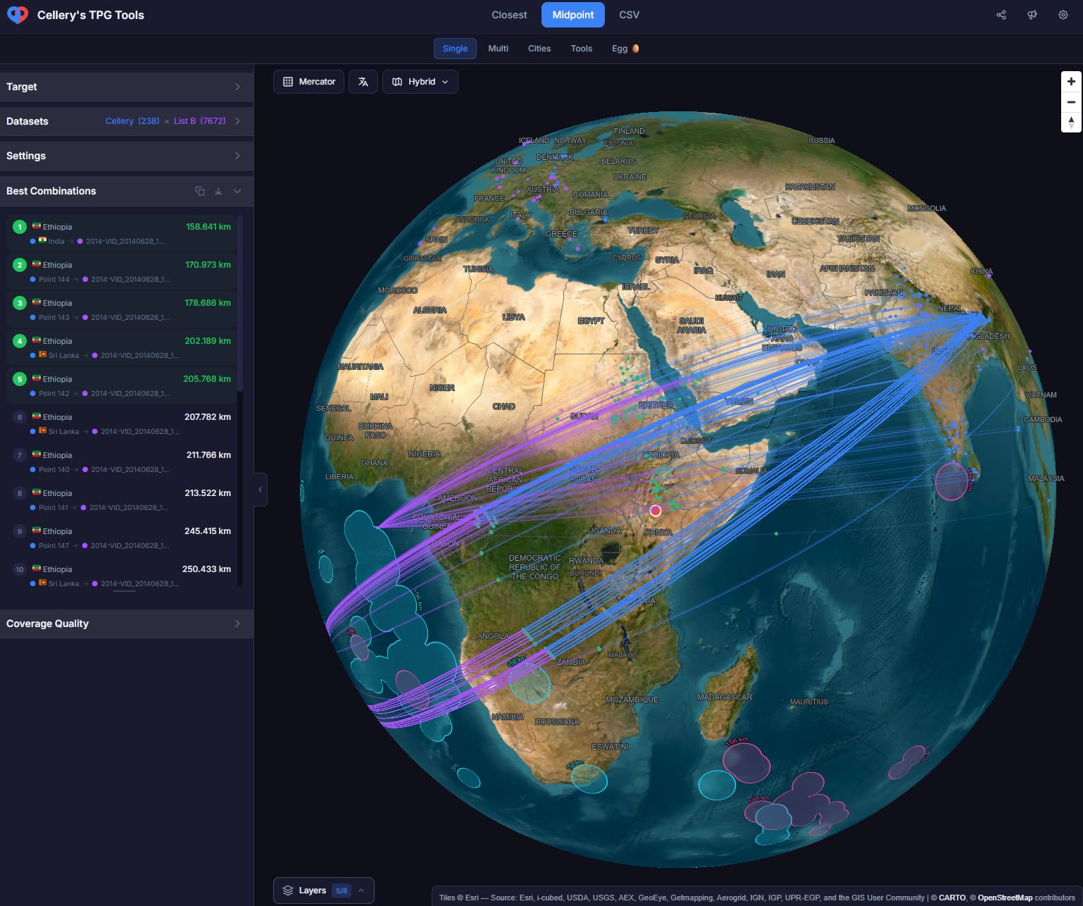 Screenshot of tpg.odder.dev — a 3D Earth globe with satellite imagery, a dataset sidebar, and blue/purple great-circle arcs connecting candidate locations to a target